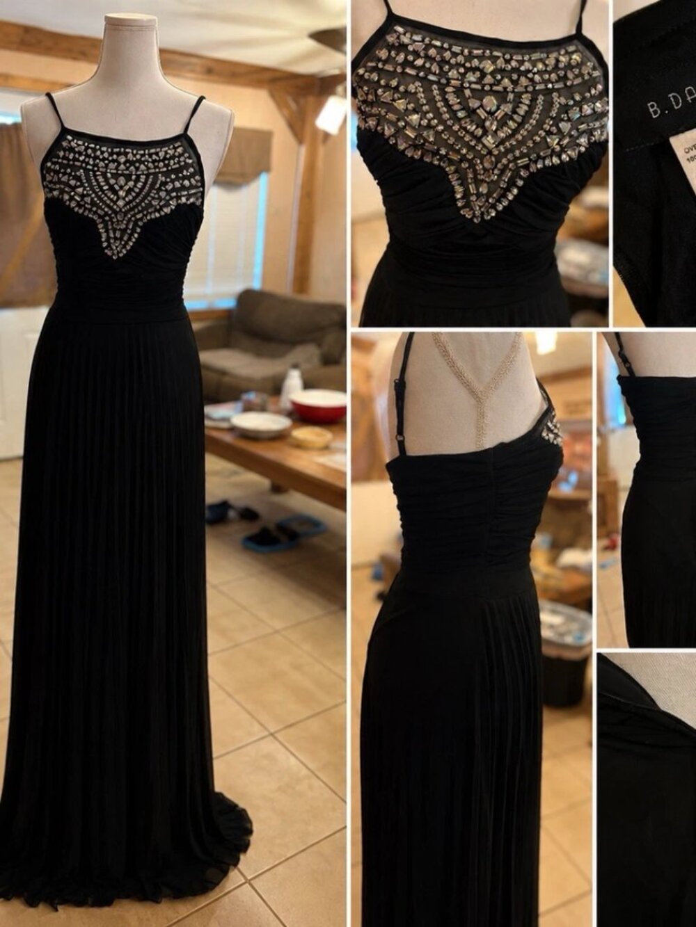 B. Darlin Black Chiffon Beaded Pleated Long Gown Scoop Neck Juniors 3/4 - Picture 2 of 2